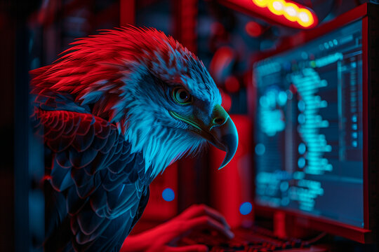 A cybernetic American Eagle carefully operates the controls on a high-tech workstation.
