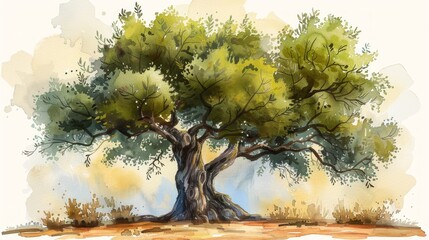 Hand Drawn Watercolor Illustration of Olive Tree Generative AI