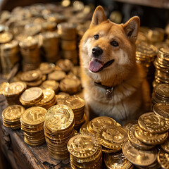 Doge dog sitting in amondst a pile of Doge cryptocurrency coing.