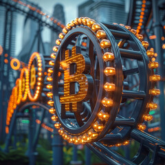 Bitcoin rollercoaster with bright lights.