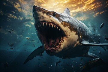Majestic ancient megalodon shark surrounded by a school of smaller fish in the depths of the ocean