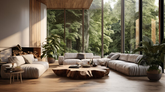 A modern living room with biophilic design featuring natural wood floors, greenery, and a comfortable seating area