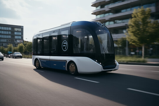 Self driving bus. Autonomous bus driving in city. Future Electric passenger buse. Self-driving passenger electric bus. Public electric E-bus. Driverless bus line with 5g autonomous driving buses.