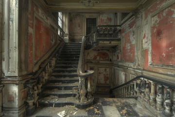 Fototapeta na wymiar Decrepit Grand Staircase in an Abandoned Mansion During Daylight