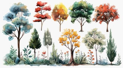 Hand Drawn Watercolor Tree, Bush, and Flower Illustrations Generative AI