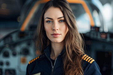 Woman pilot. Portrait of a young woman in a pilot uniform.