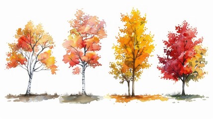 Autumn Watercolor Trees Hand Illustration Generative AI
