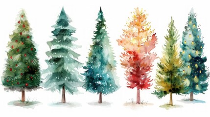 Hand-Drawn Watercolor Christmas Trees on White Background Generative AI