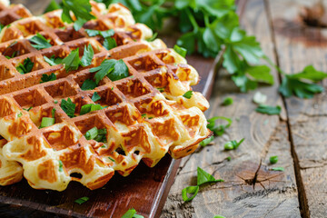 Crispy keto chaffles - waffles made with cheese and eggs, topped with fresh greens