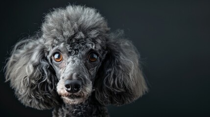 a Poodle close-up portrait looking direct in camera with low-light, black backdrop. Cute apricot poodle against dark background. - obrazy, fototapety, plakaty