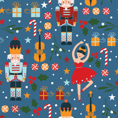 Seamless Christmas pattern with nutcracker, ballerina, violin, gift boxes, leaves, berries, sweets.