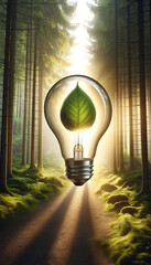 Light bulb with a leaf inside, set against a daylight forest backdrop, symbolizing eco-friendly energy, green energy, green technologies.