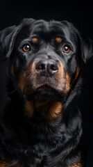 a Rottweiler close-up portrait looking direct in camera with low-light, black backdrop. Intense Rottweiler dog against a black background.