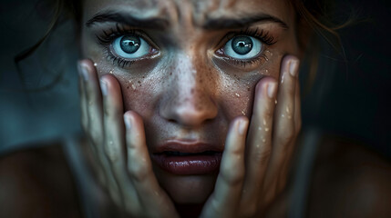 Woman Gripping Face in Fear, Anxiety, Emotional Stress Close-up
