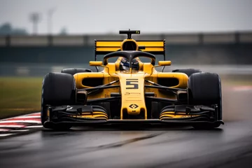Fotobehang Racing car concept. The yellow Formula 1 car races on the track while driving front view. © Nico