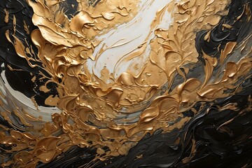 Closeup of abstract painting. Gold, white and grey color combinations texture background. Visible oil, acrylic brushstroke, pallet knife paint on canvas. Contemporary art painting.