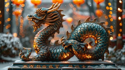 Fototapeta premium New Year Dragon Concept with Inscription and Selective Focus Generative AI