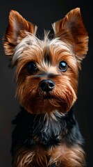 a YorkShire terrier close-up portrait looking direct in camera with low-light, black backdrop