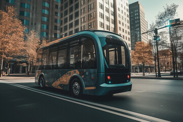 Fototapeta premium Self driving bus. Autonomous bus driving in city. Future Electric passenger buse. Self-driving passenger electric bus. Public electric E-bus. Driverless bus line with 5g autonomous driving buses.