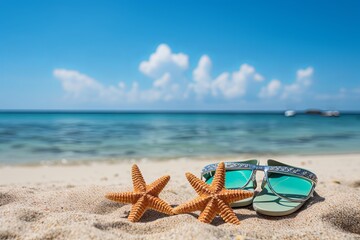 Fototapeta na wymiar Summer vacation with sunglasses starfish turquoise and beautiful sandy tropical beach against blue sky background