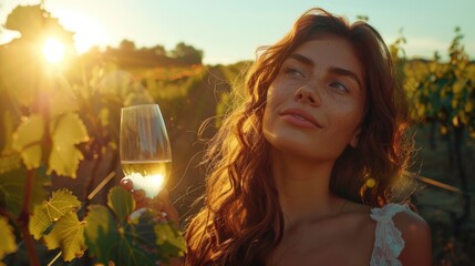 A dreamy-eyed woman enjoys a glass of wine amidst the vibrant grapevines at sunset.