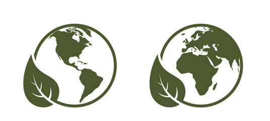 eco world icons. western and eastern hemispheres of the earth. eco friendly and sustainable ecosystem illustrations - obrazy, fototapety, plakaty