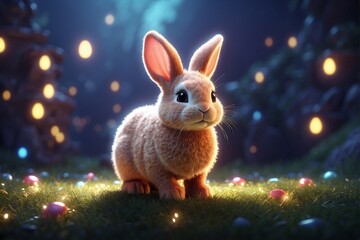 Fototapeta na wymiar Little Cute Bunny Standing in the Dark
