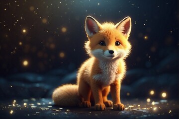 Obraz premium Small Cute Fox Cub Standing in the Dark