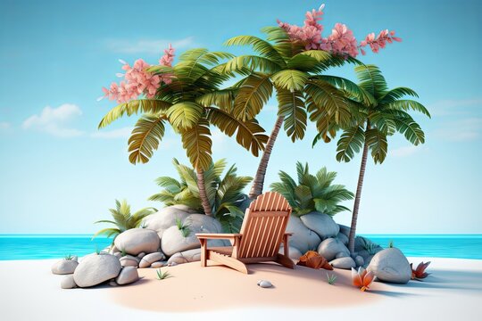 Summer holiday vacation and tropical beach tree background 3d illustration