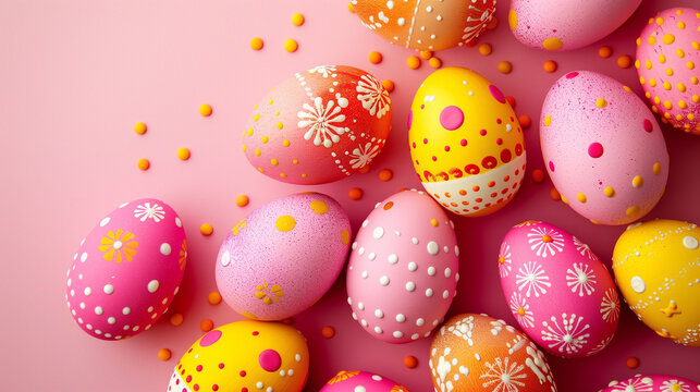 Colorful Easter eggs on a pink background