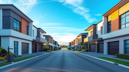 A street view of a modern suburban neighborhood with stylish houses, clear blue sky, and clean pavement
