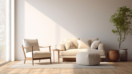 A modern living room with an earth-friendly loveseat, chairs and ottoman made from recycled fabrics