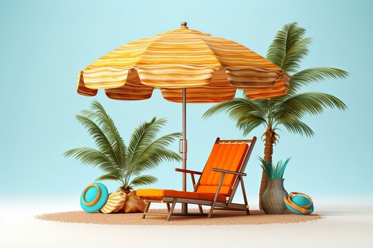 Summer holiday vacation and pile of sand hat and coconut tree with umbrella beach background on the travel accessories 3D illustration