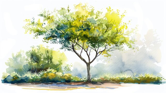 Watercolor Illustration of Architectural Tree for Landscape Design Generative AI © Alex