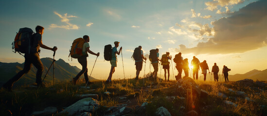 Group tourists of hiker sporty people walks in mountains at sunset with backpacks. Concept adventure  - obrazy, fototapety, plakaty