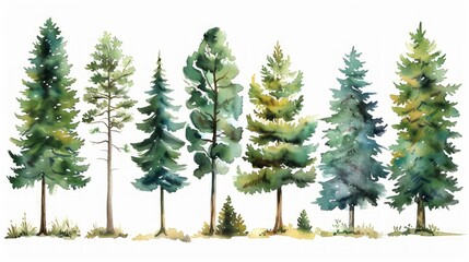 Lush Green Pine and Blue Spruce Forest Trees Illustration on White Generative AI