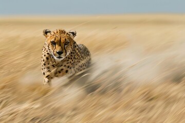 A cheetah is running in the desert at high speed to chase its prey