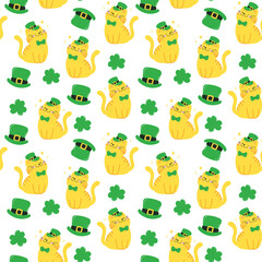 Happy St.Patrick's day seamless pattern background vector. Lucky symbol tile wallpaper of cat, hat, shamrock, green clover leaf in pattern. Holiday illustration for fabric, packaging.