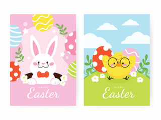 Happy Easter hand drawn card background vector. Cute cover set of yellow chick, white rabbit, easter eggs, bunny, flower, leaf. Spring holiday illustration for banner, greeting card, flyer.