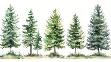 Hand-Painted Evergreen Tree Set on White Background Generative AI - obrazy, fototapety, plakaty