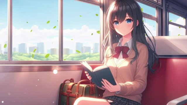 Anime-style girl sitting on the train with a book in her hand and traveling, reading a book, city landscape