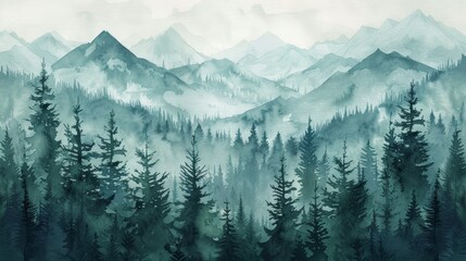 Tranquil Watercolor Scene with Forest, Mountain, and Deer Generative AI