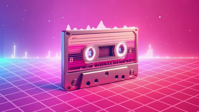 Vizual of a retro-style audio cassette player in a 3D vintage background with audio waves and an equalizer