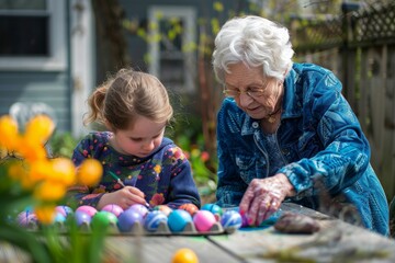 A Heartwarming Easter Moment: A Young Grandchild Patiently Teaching Their Grandparent the Art of Dyeing Easter Eggs Together