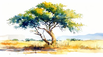 African Savannah Tree Watercolor Illustration Generative AI - obrazy, fototapety, plakaty