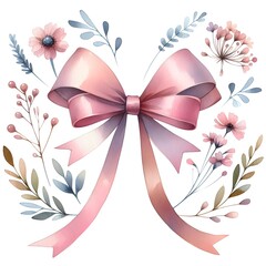 Decorative pink bow with long ribbon. Accessory . Hand drawn watercolor illustration isolated on white background. For gender reveal party, baby shower, children's design - obrazy, fototapety, plakaty