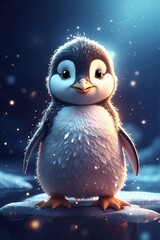 Magical penguin chick sitting in the dark on an ice floe with snowy glow