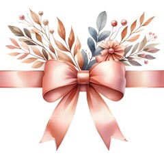 Decorative pink bow with long ribbon. Accessory . Hand drawn watercolor illustration isolated on white background. For gender reveal party, baby shower, children's design