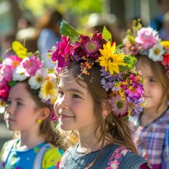 Fototapeta premium A Vibrant Display of Spring's Bounty: Children Adorned with Floral Crowns Marching Proudly in the Easter Parade