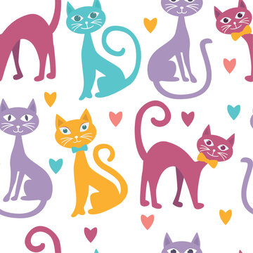 Seamless pattern with cats and hearts on white background. 